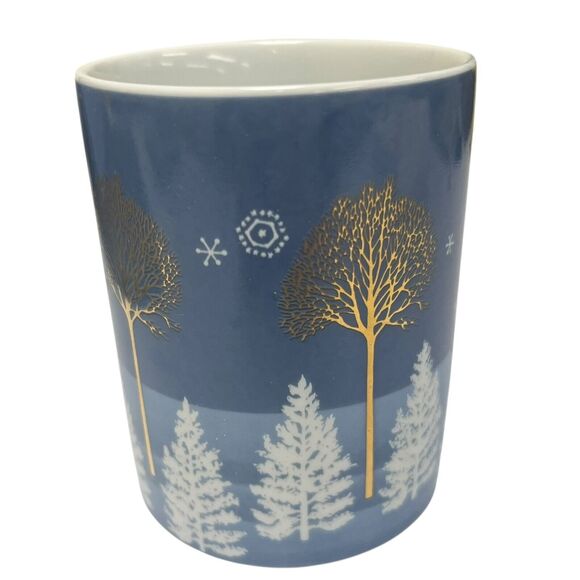 Vintage Andre Richard Blue Christmas Cup & Plate Set Snow Gold Trees Japan - Picture 3 of 10